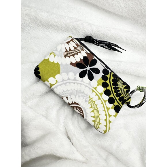 Vera Bradley Zip ID Case Wallet Womens White Key Ring Coin Purse Green Black - Picture 3 of 4